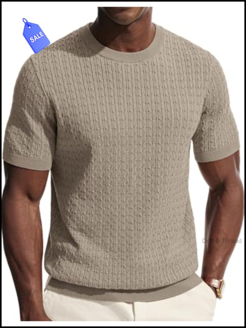 Men's Short Sleeve Textured Knit Hollow Out Crewneck T-Shirt
